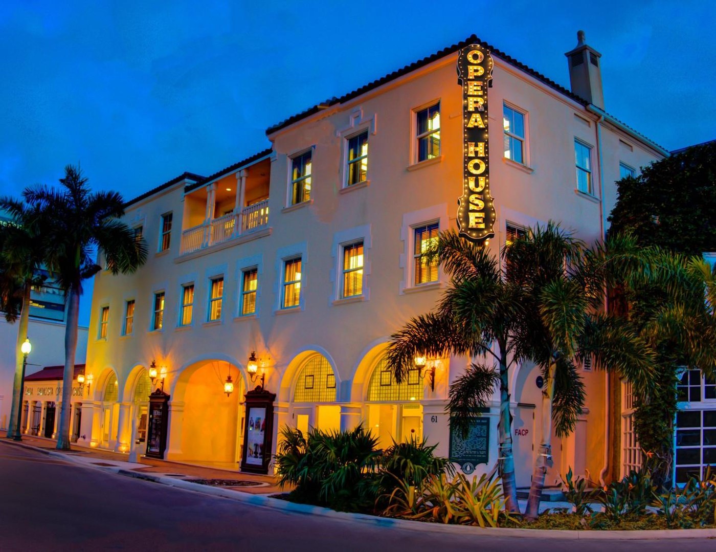 Sarasota Opera House exterior illuminated at dusk in downtown Sarasota
