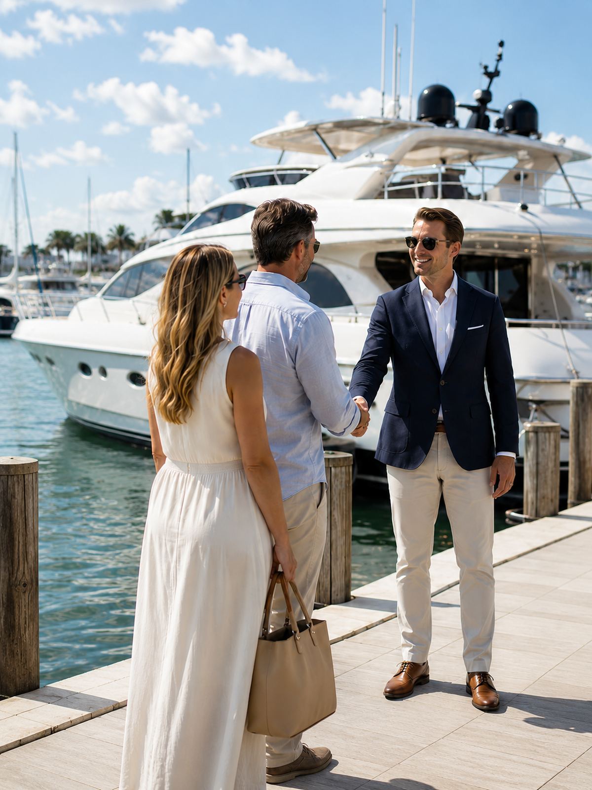 A yacht advisor greeting a couple on a marina dock beside a large motor yacht