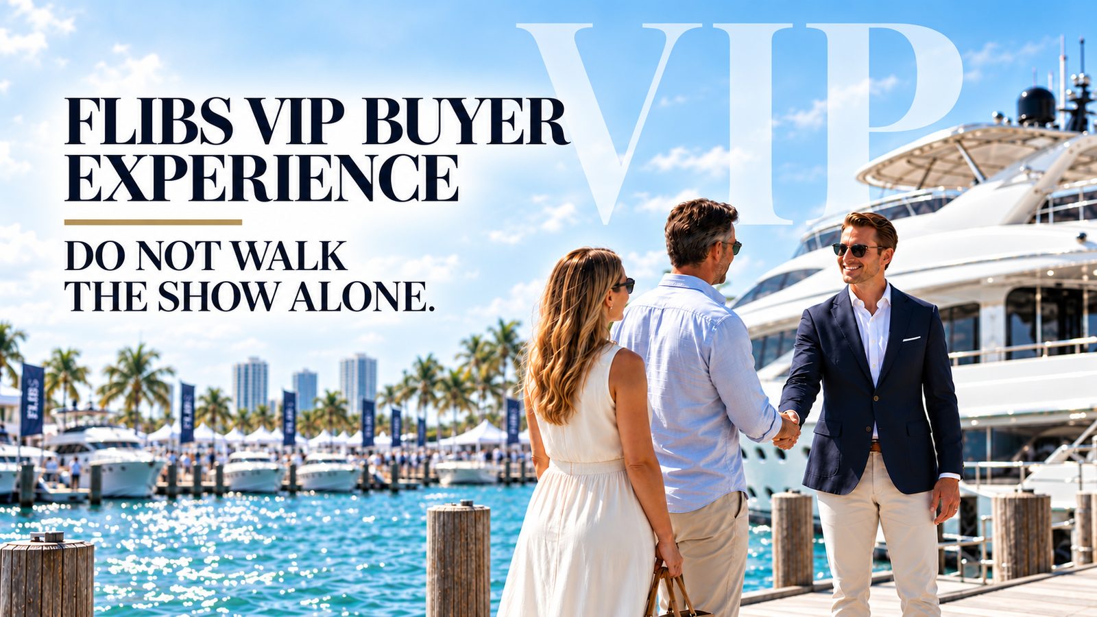 FLIBS VIP Buyer Experience promotional illustration showing buyers meeting a yacht advisor beside a yacht.