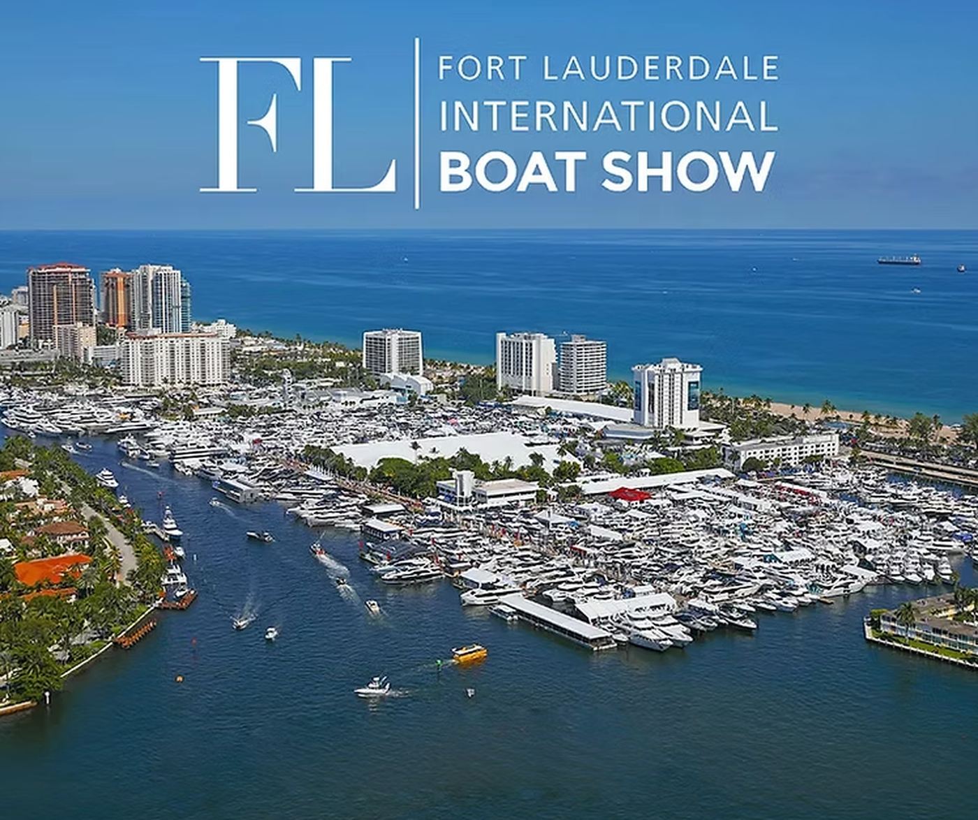 Aerial view of the Fort Lauderdale International Boat Show marina filled with docked yachts